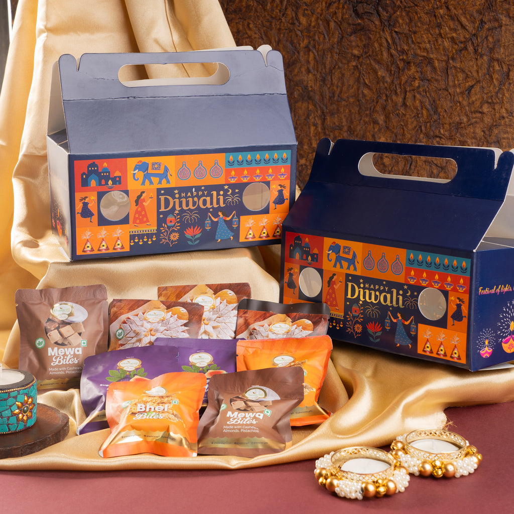 Corporate Gifts-Diwali Gift Box of 12 Assorted Mithai Pouches with T-lights
