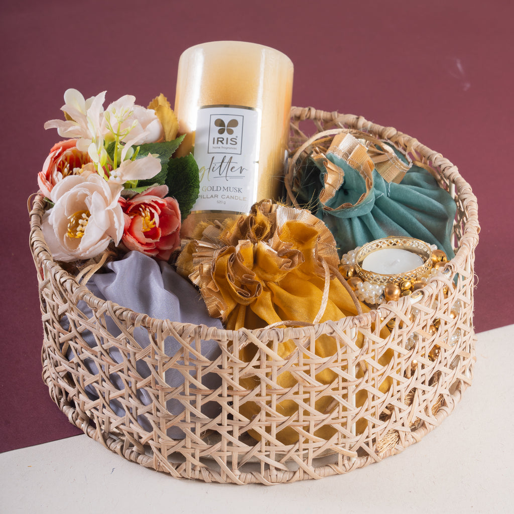 Round Rattan Basket with dryfruits, mithai Pouches, t Lites and Candle