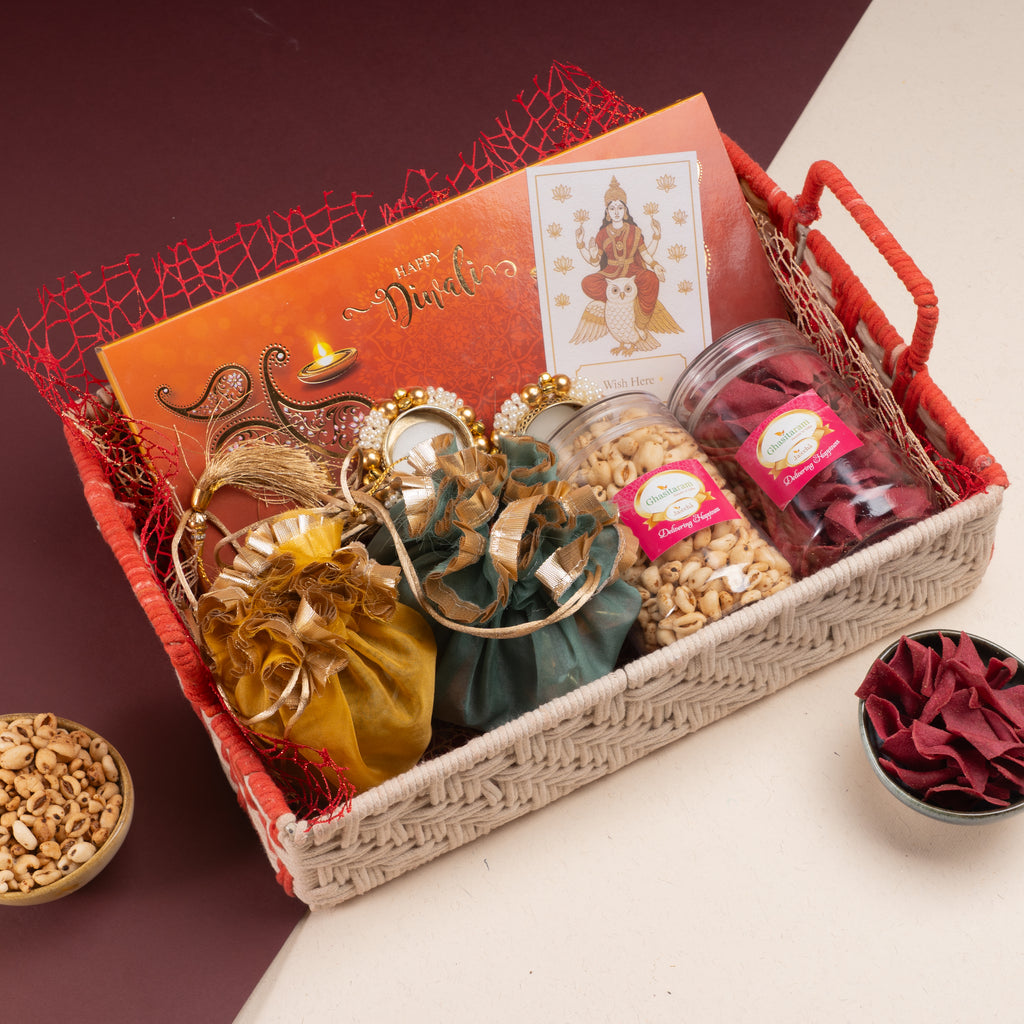 Corporate Gifts-Rectangle Woven tray with bites, namkeen, dry fruit, wishing card, mithai pouches, and t lights