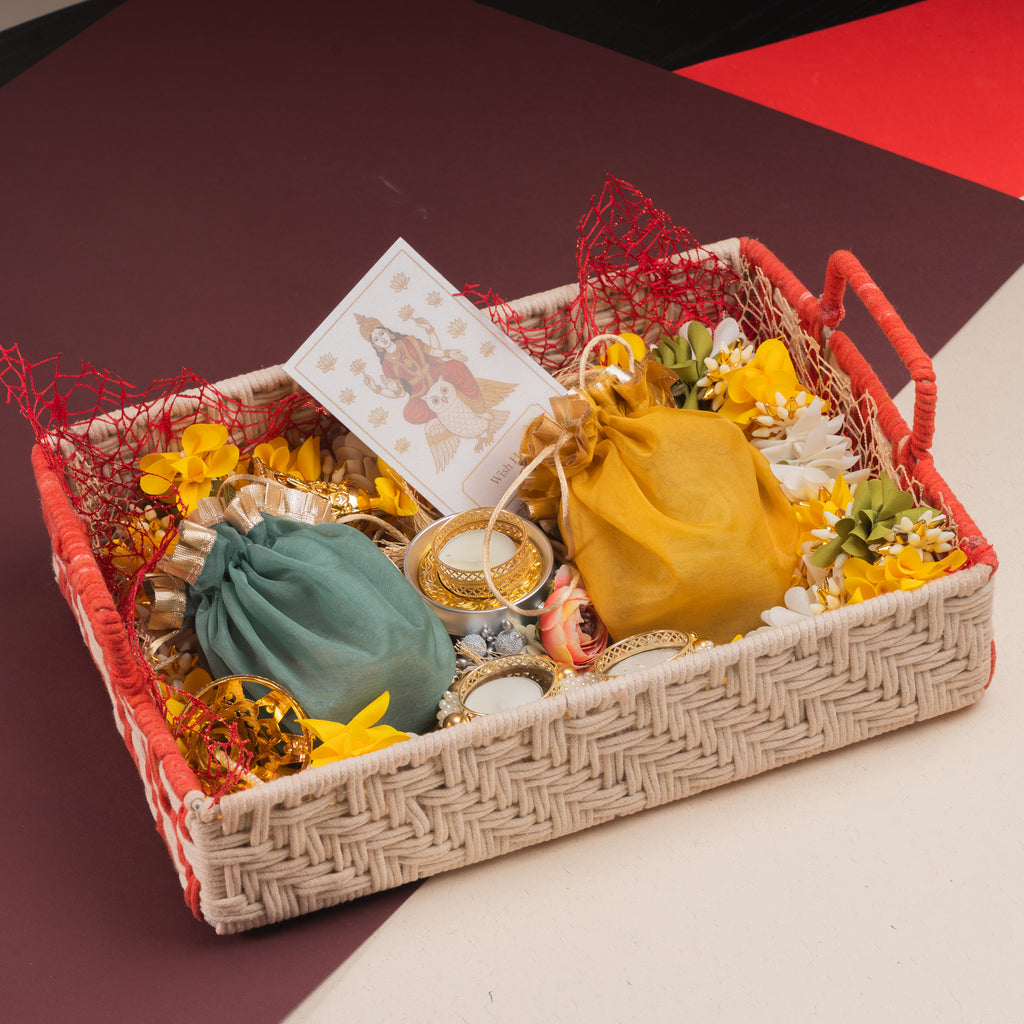 Corporate Gifts-Rectangle woven Tray with toran, t lights, wishing card, dryfruit, mithai pouches