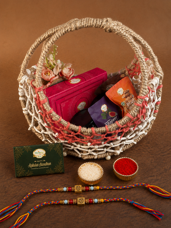 Ring Basket with Assorted Best Bites, dryfruits, and mithai Pouches with 2 Rakhis