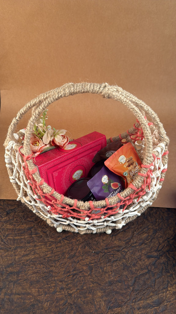 Corporate Gifts-Ring basket with assorted dry fruit sweets, dryfruits, and mithai pouches