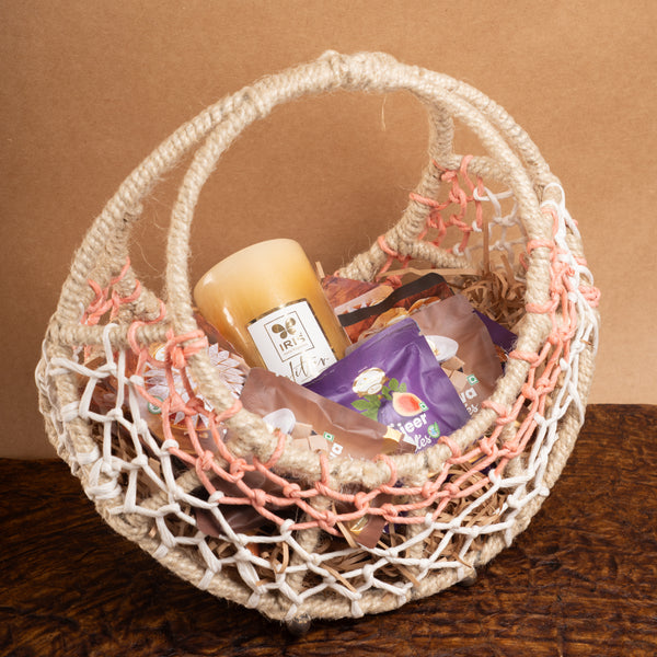 Diwali gifts-Ring basket with candle and 12 mithai pouches