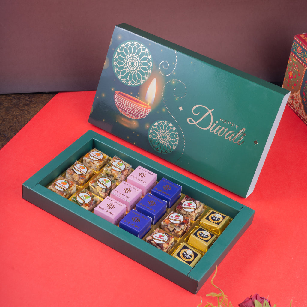 Diwali Gifts-Happy diwali box of sugar free healthy  bites 18 pcs
