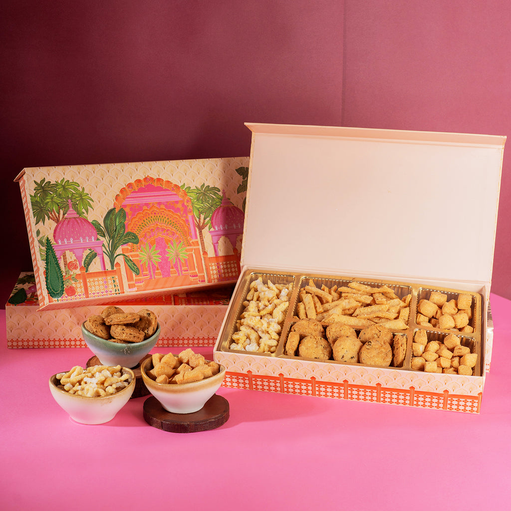 5 part Mahal Print Bhaji Box|wedding boxes|wedding Hampers|namkeens|mathri|shakkar pada