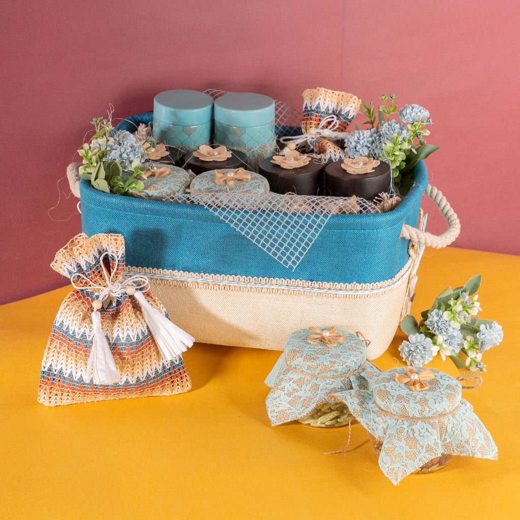 Blue Jute Big hamper Basket of Dryfruits|Namkeen|assorted Sweets|Premium Basket|wedding hampers|Gift Hampers|