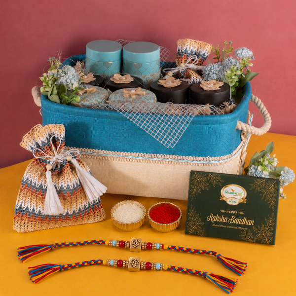 Blue Jute Big hamper Basket of Dryfruits With 2 Rakhis
