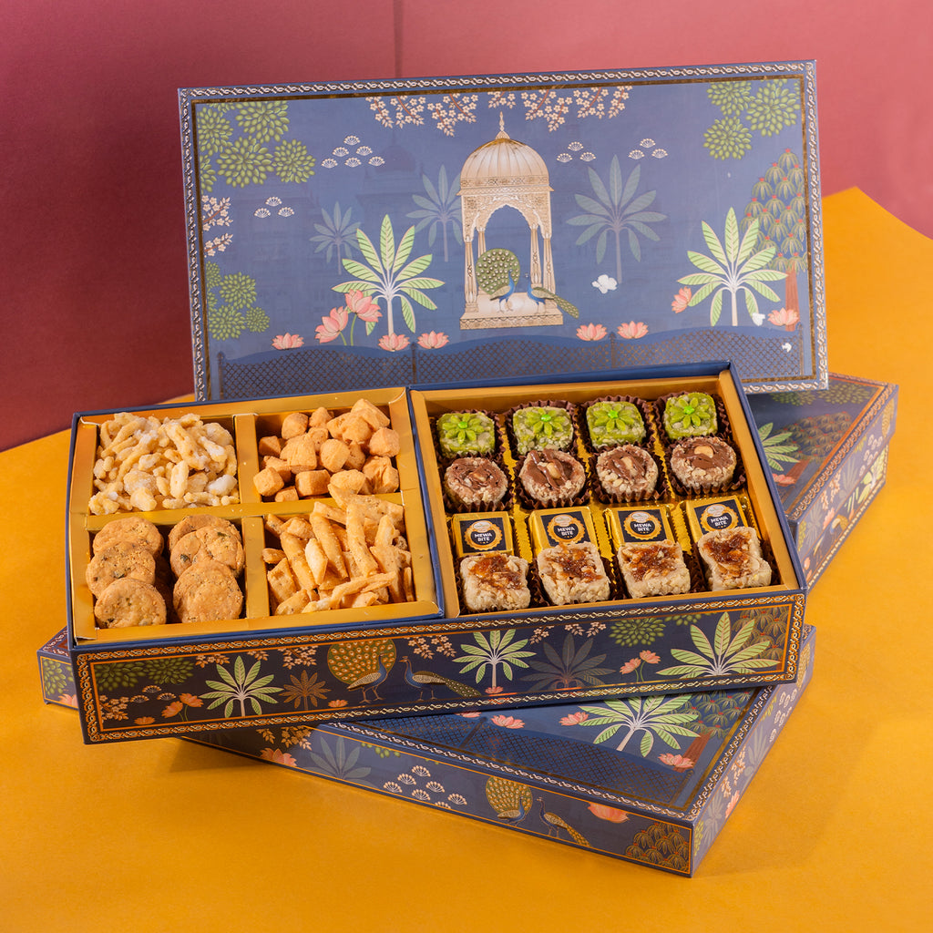 Blue Print wedding Bhaji Box|wedding boxes|wedding Hampers|namkeens|mathri|shakkar pada|sweets