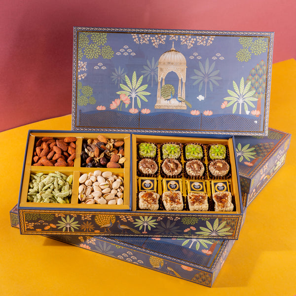 Corporate Gifts-Blue Print wedding Hamper Box|Bhaji Box|wedding boxes|wedding Hampers|namkeens|dryfruit|sweet|gift Hampers