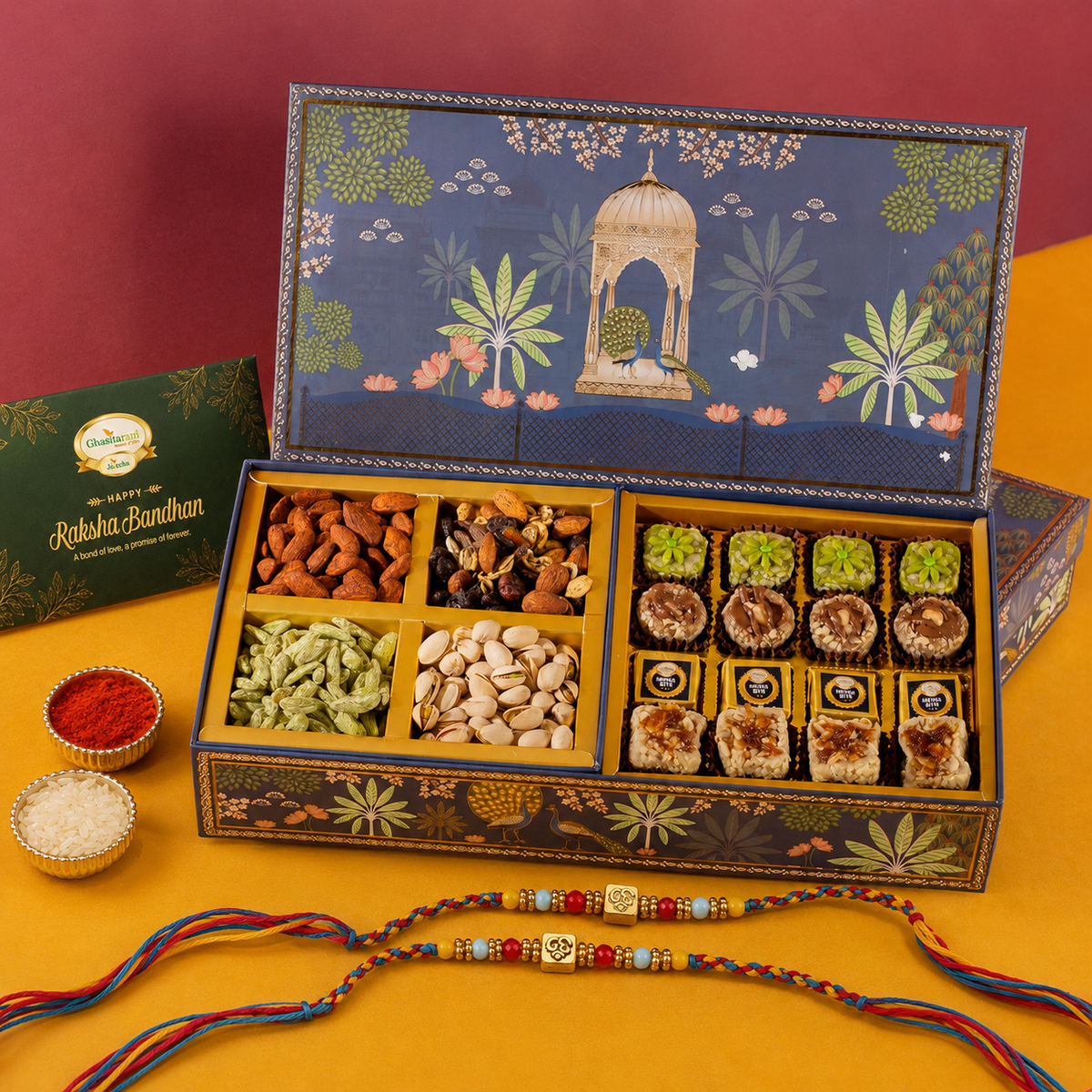 Orange Print Wedding Hamper Box With 2 Rakhis
