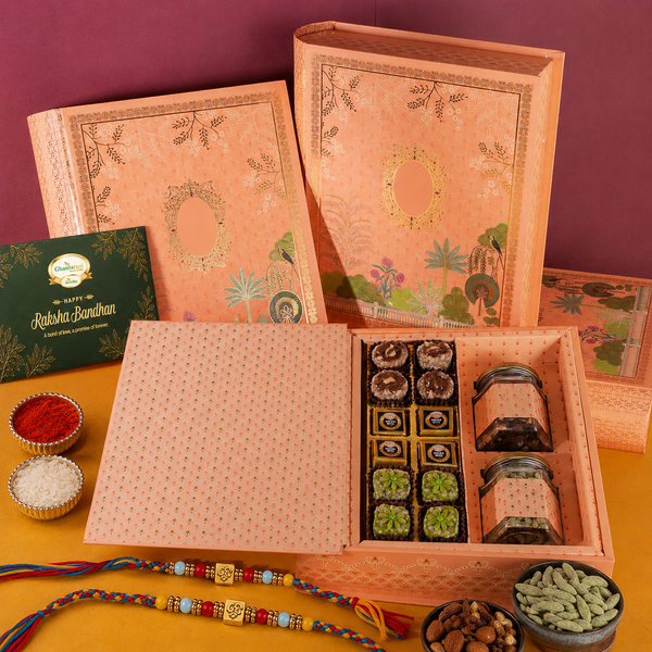 Book Print Wedding hamper Box With 2 Rakhis