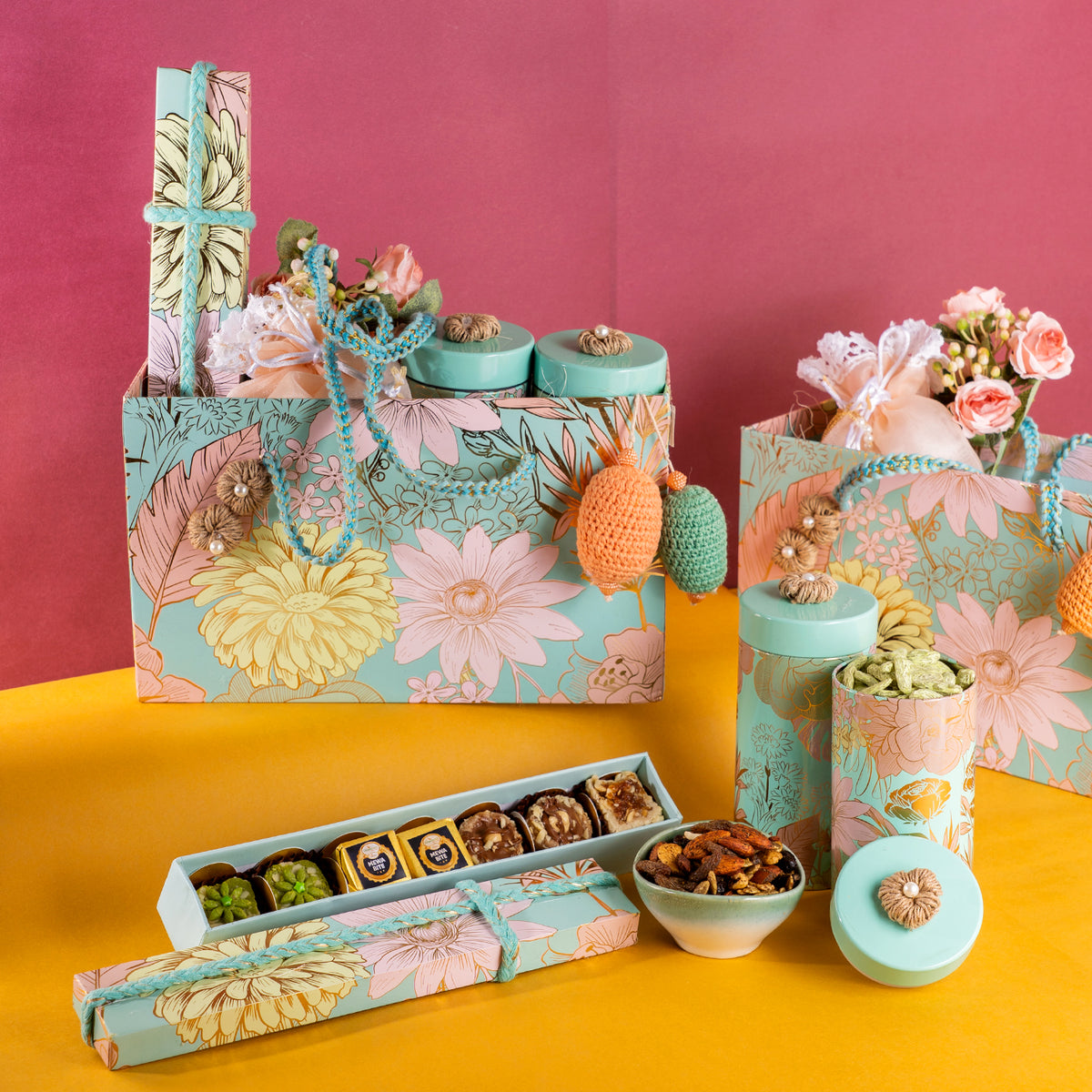 Corporate Gifts-Flower Hamper Basket of dryfruit|assorted sweets|gift Hamper|wedding Hamper|