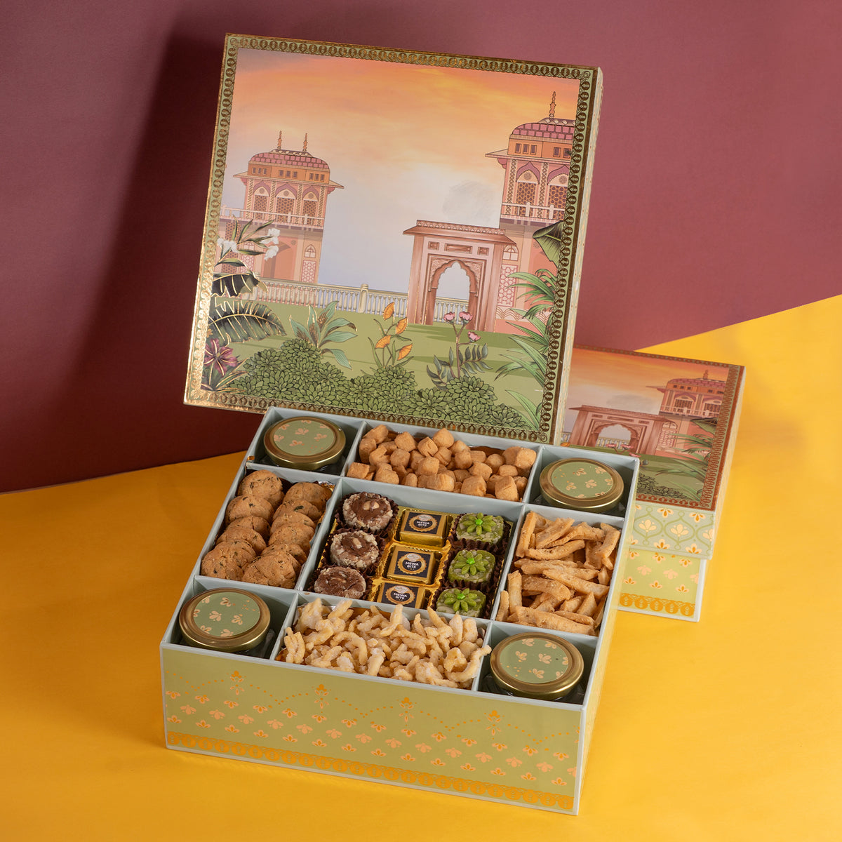 Corporate Gifts-Green Print Wedding Bhaji Box|wedding boxes|wedding Hampers|namkeens|mathri|shakkar pada|
