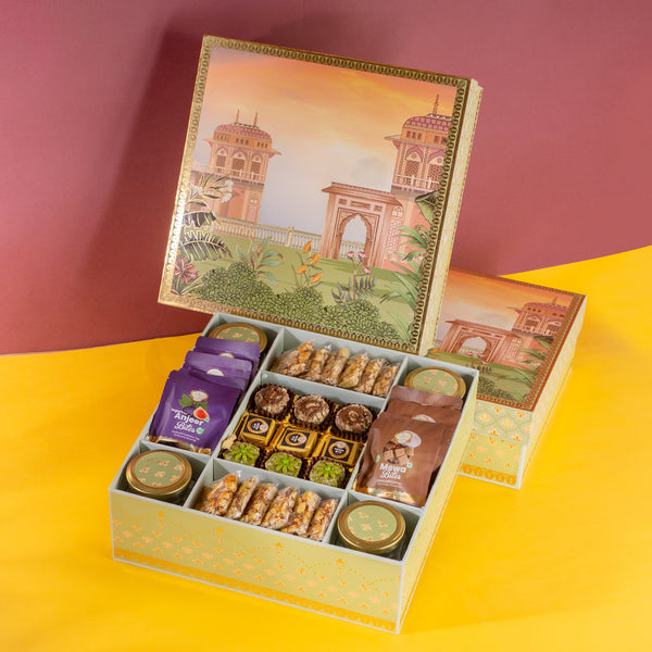 Corporate Gifts-Green Print Wedding Hamper Box|Bhaji Box|wedding boxes|wedding Hampers|Gift Hampers|Dryfruit|sweets|Namkeen