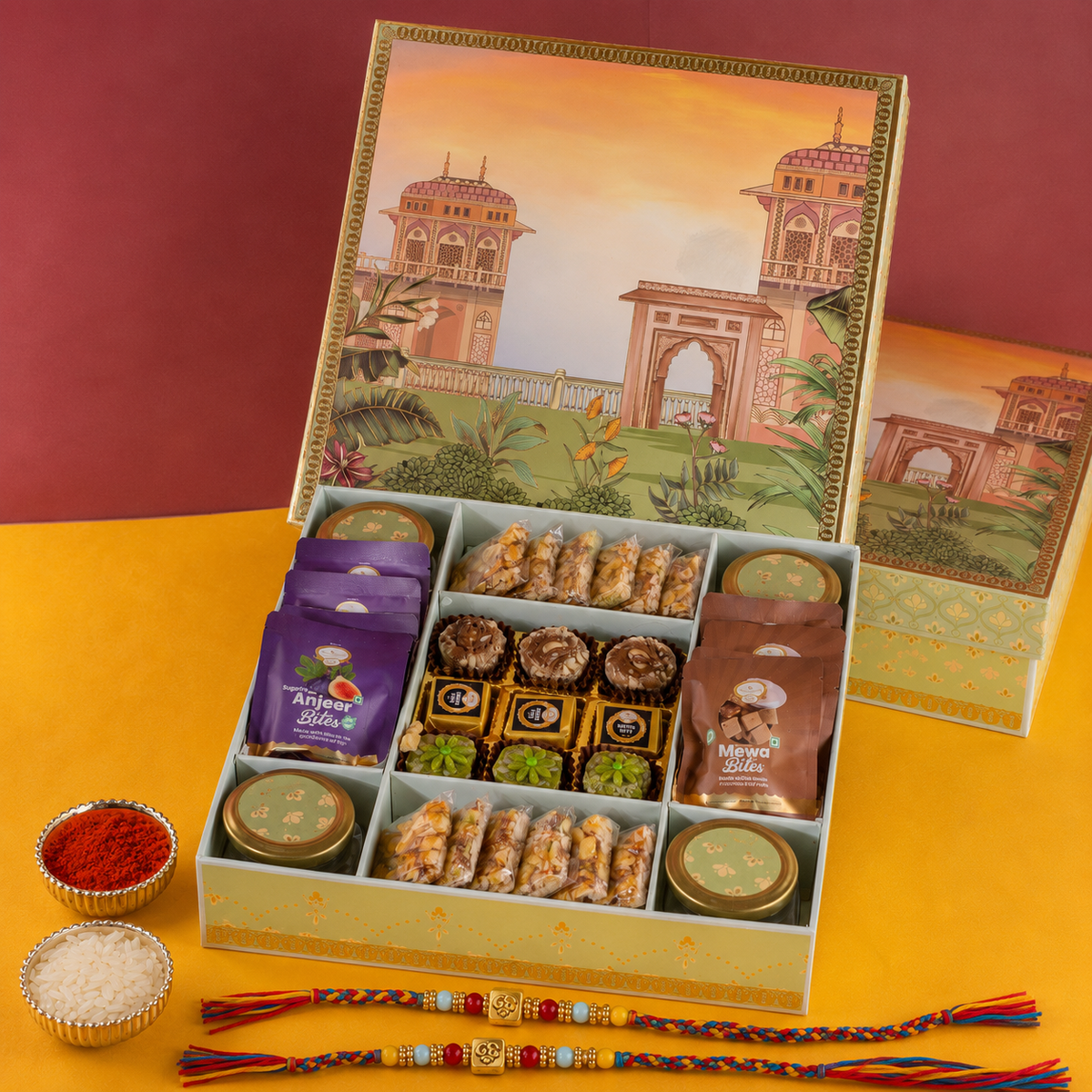 Green Print Wedding Hamper Box With 2 Rakhis