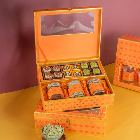 Orange Print Wedding Hamper Box|Bhaji Box|wedding boxes|wedding Hampers|Gift Hampers|Dryfruit|sweets|Namkeen