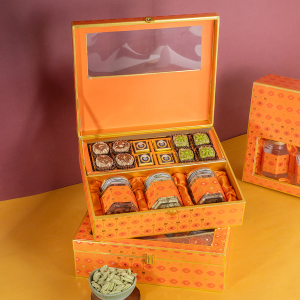 Corporate Gifts-Orange Print Wedding Hamper Box|Bhaji Box|wedding boxes|wedding Hampers|Gift Hampers|Dryfruit|sweets|Namkeen