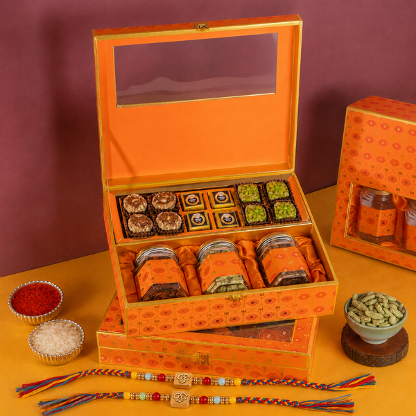 Orange Print Wedding Hamper Box With 2 Rakhis