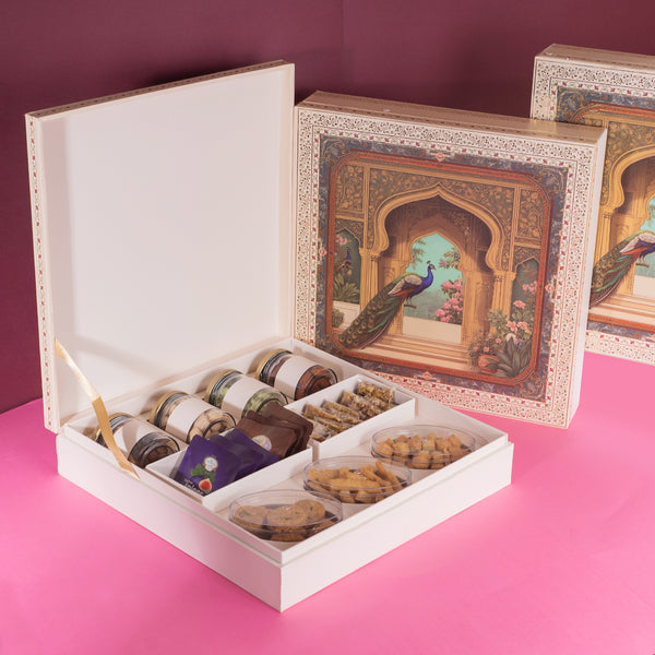 Corporate Gifts-Peacock Print Wedding Bhaji Box|wedding boxes|wedding Hampers|Gift Hampers|Dryfruit|sweets|Namkeen