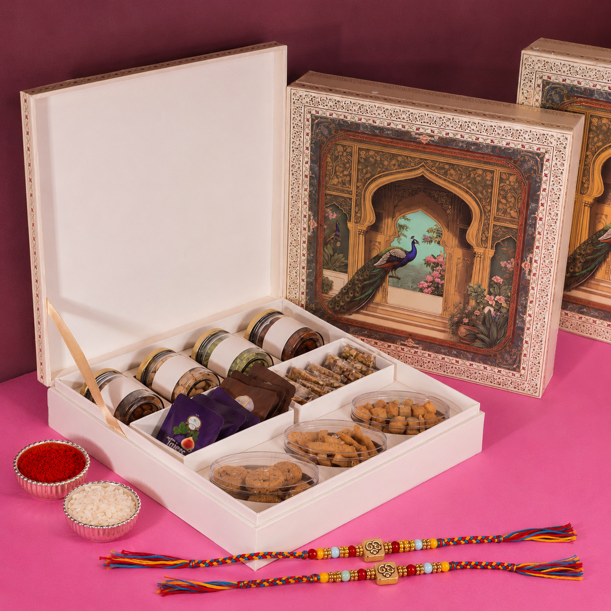 Peacock Print Wedding Bhaji Box With 2 Rakhis