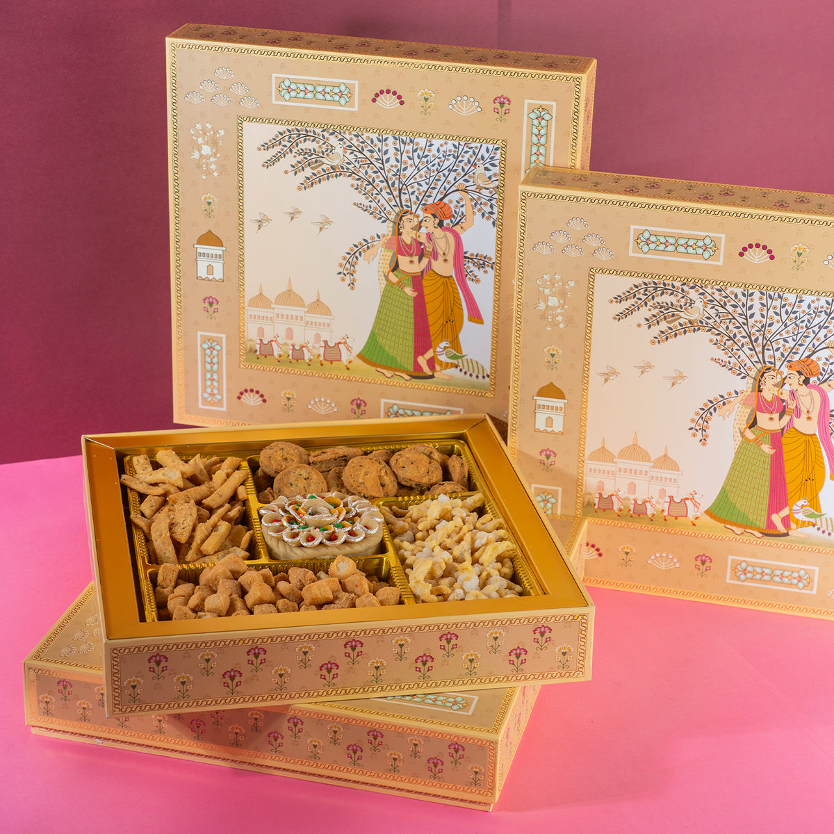 Corporate Gifts-Radha Krishna Wedding Bhaji Box|wedding boxes|wedding Hampers|namkeens|mathri|shakkar pada|