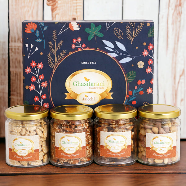 Lohri 4 jar box of revadi, til almonds, chikki and peanuts