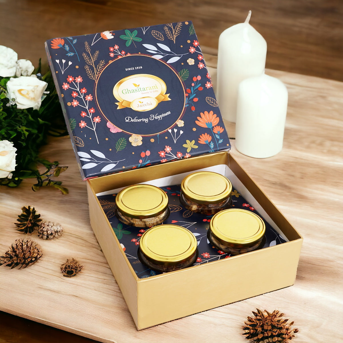 Lohri 4 jar box of revadi, til almonds, chikki and peanuts