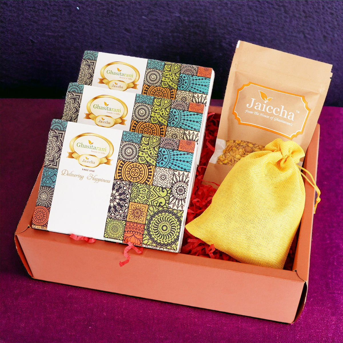 Lohri Hamper Box of Til Laddoo, Khajoor, Gachak, Revadi pouch and namkeen