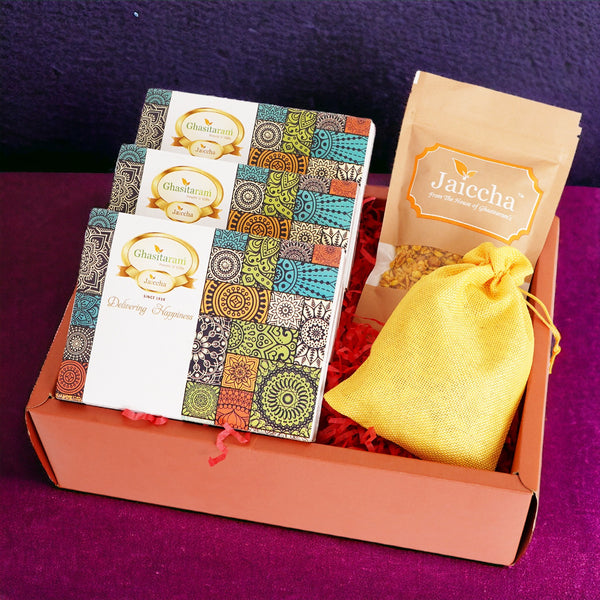 Lohri Hamper Box of Til Laddoo, Khajoor, Gachak, Revadi pouch and namkeen