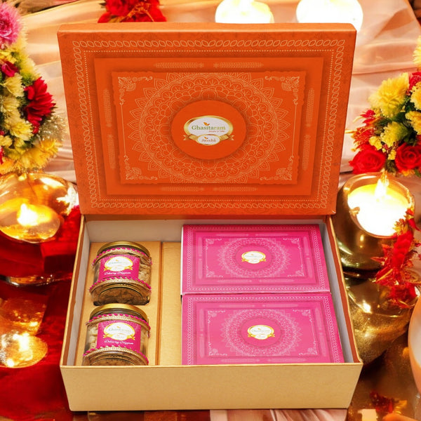 Lohri Orange Hamper Box of Gachak, Khajoor, Peanuts and Revadi