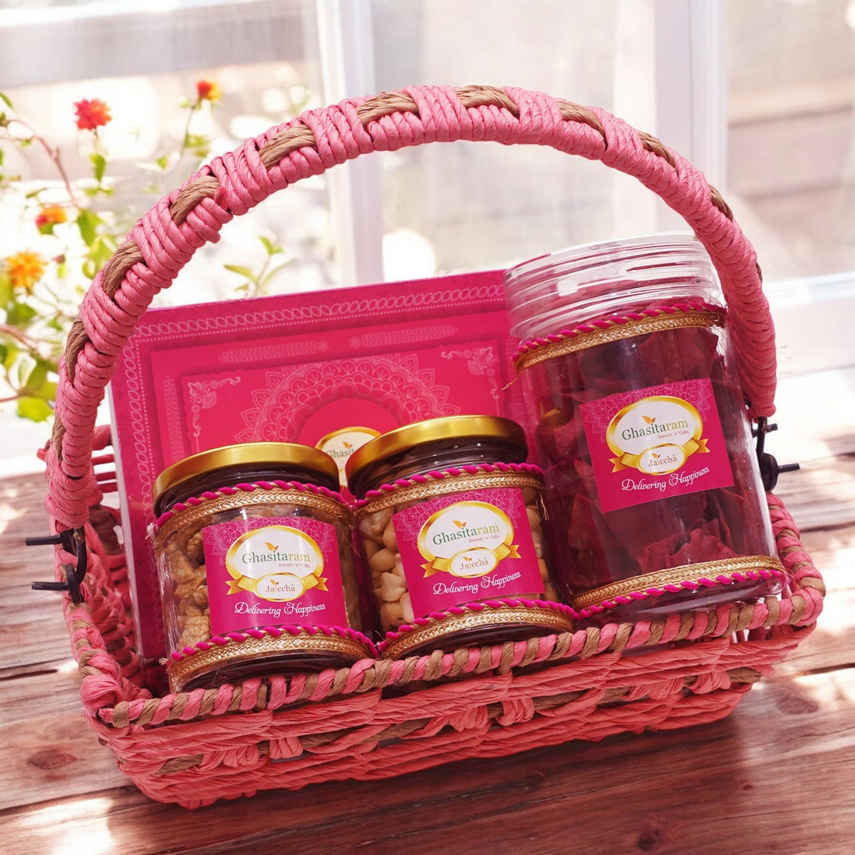 Lohri Hamper Pink Jute Rectangle Basket with Mawa Til Laddoo