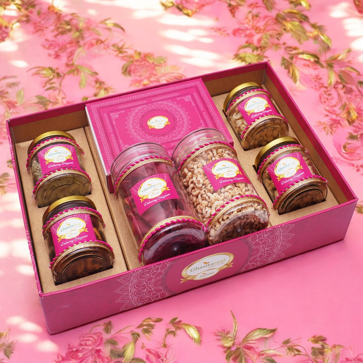Lohri Pink Hamper Tray with 6 Jars