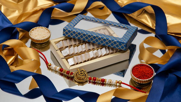 Mini Kaju Katli Blue Box with rakhis | Rakhi Sweets | Rakhi Hampers for Brother