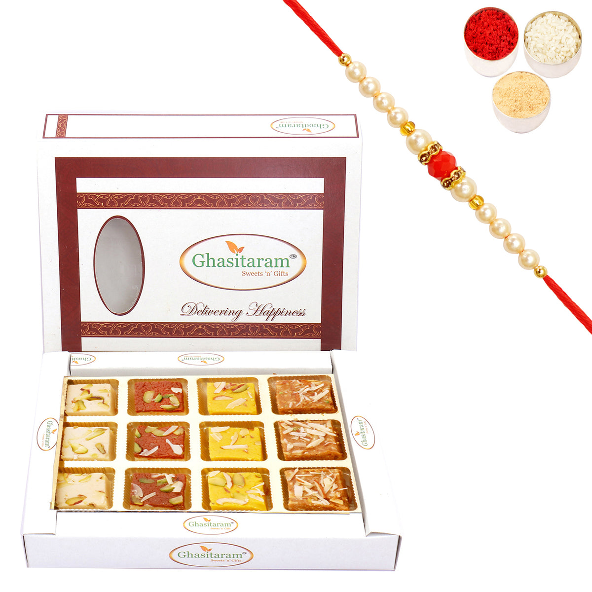 Assorted Barfis White Box with Beads Rakhi