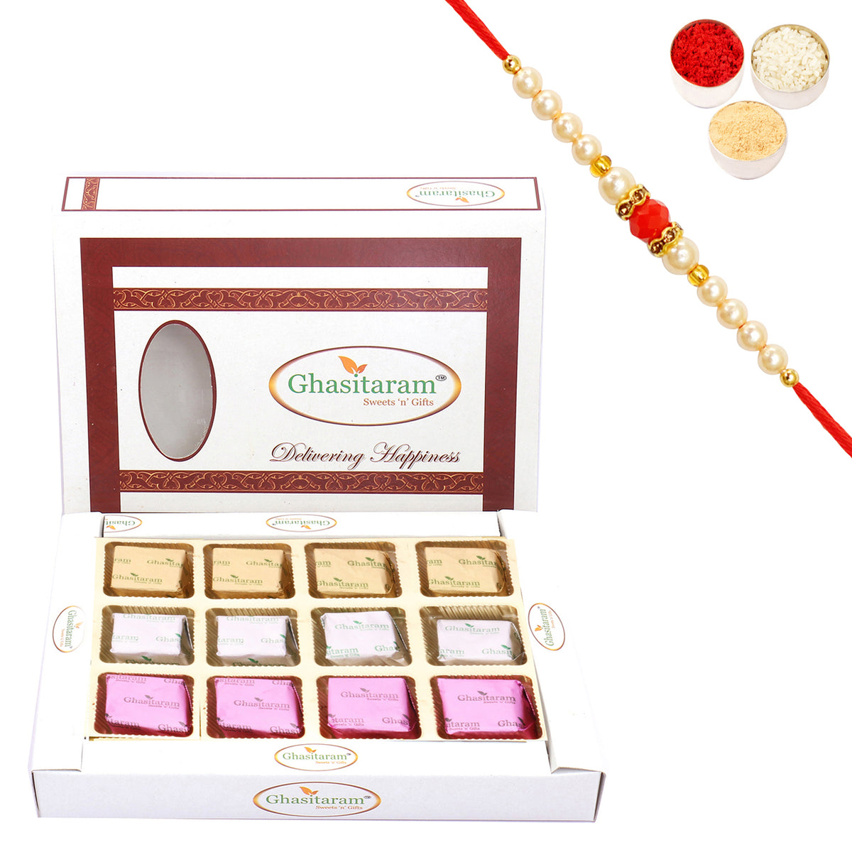 Rakhi Gifts Sweets-Ghasitaram Assorted Mewa bite Box (12 pcs) with Beads Rakhi