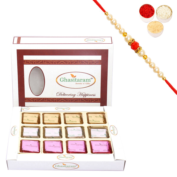 Rakhi Gifts Sweets-Ghasitaram Assorted Mewa bite Box (12 pcs) with Beads Rakhi