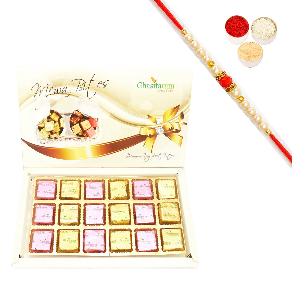 Rakhi Gifts Sweets-Ghasitaram Assorted Mewa bite Box with Pearl Beads Rakhi