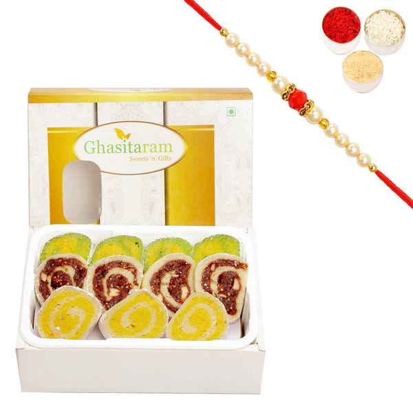 Rakhi Gifts Sweets-Ghasitarams Assorted Moons Box 200 gms with Pearl Beads Rakhi