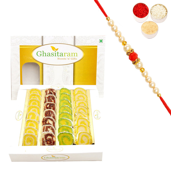 Rakhi Gifts Sweets-Ghasitarams Assorted Moons Box 400 gms with Pearl Beads Rakhi