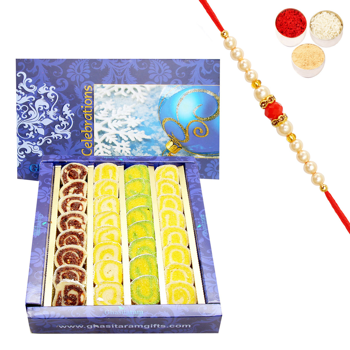 Rakhi Gifts Sweets-Ghasitarams Assorted Moons Box 800 gms with Pearl Beads Rakhi