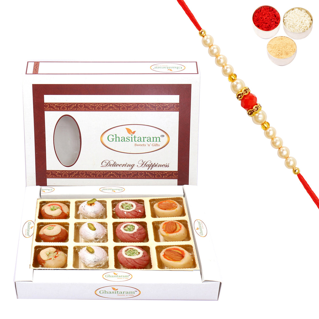 Assorted  Sweets in White Box with Beads Rakhi