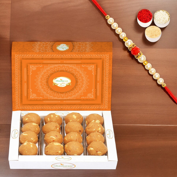 Ghasitaram's Special Besan Laddoo (200 gms) with Pearl Beads Rakhi