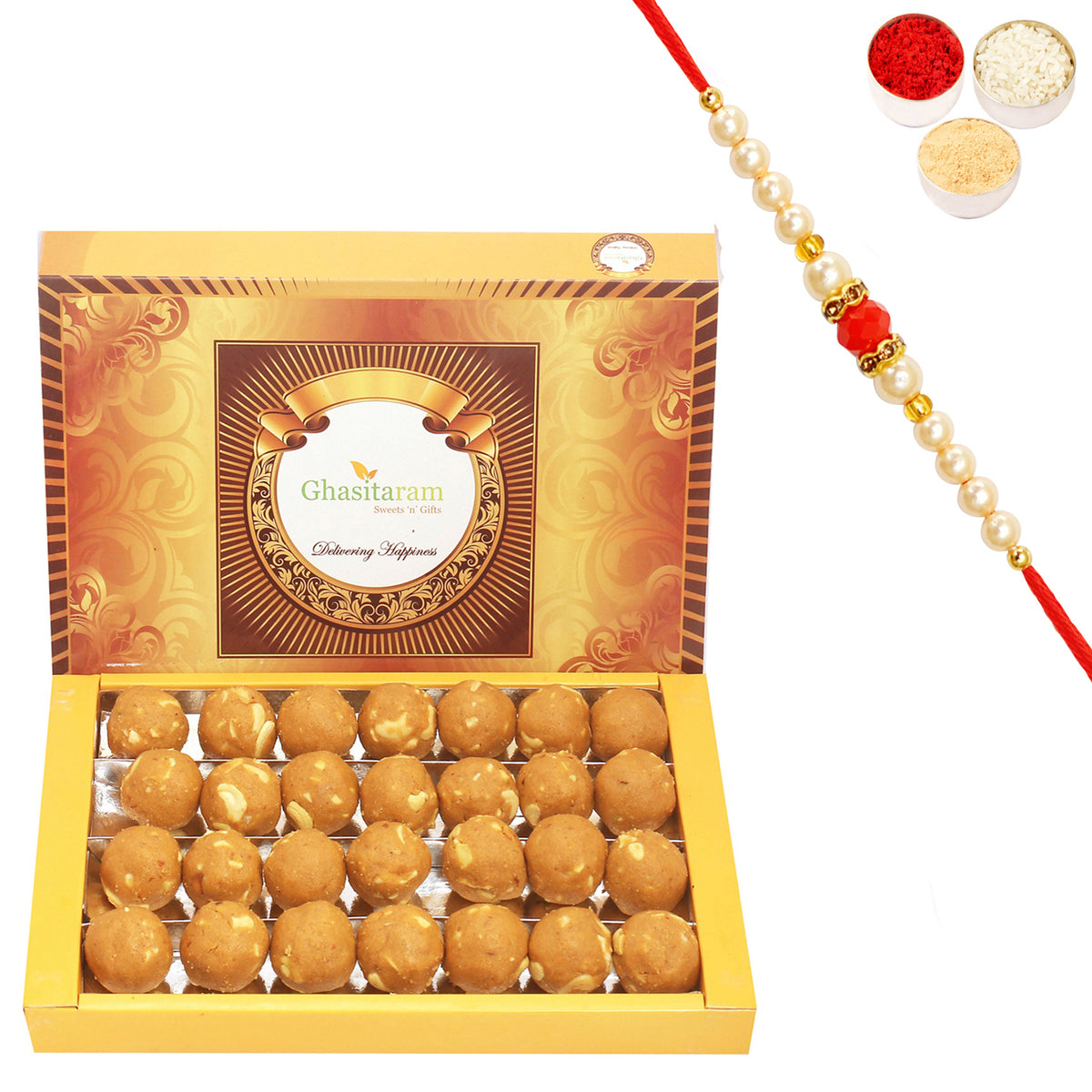 Ghasitaram's Special Besan Laddoo (200 gms) with Pearl Beads Rakhi