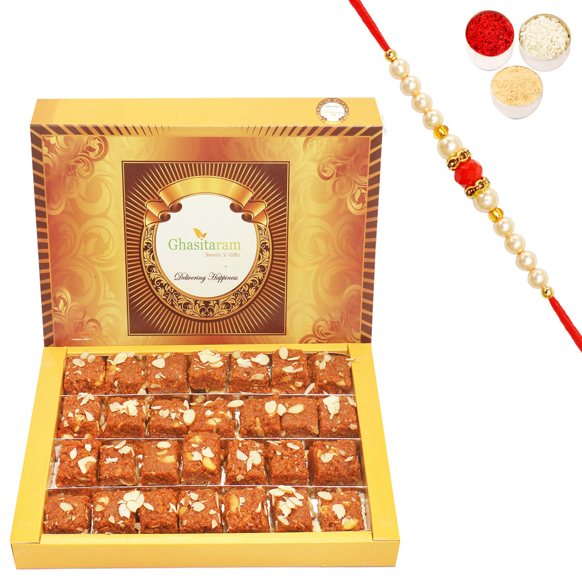 Ghasitaram's Special Dodha Barfi (800 gms) with Beads Rakhi