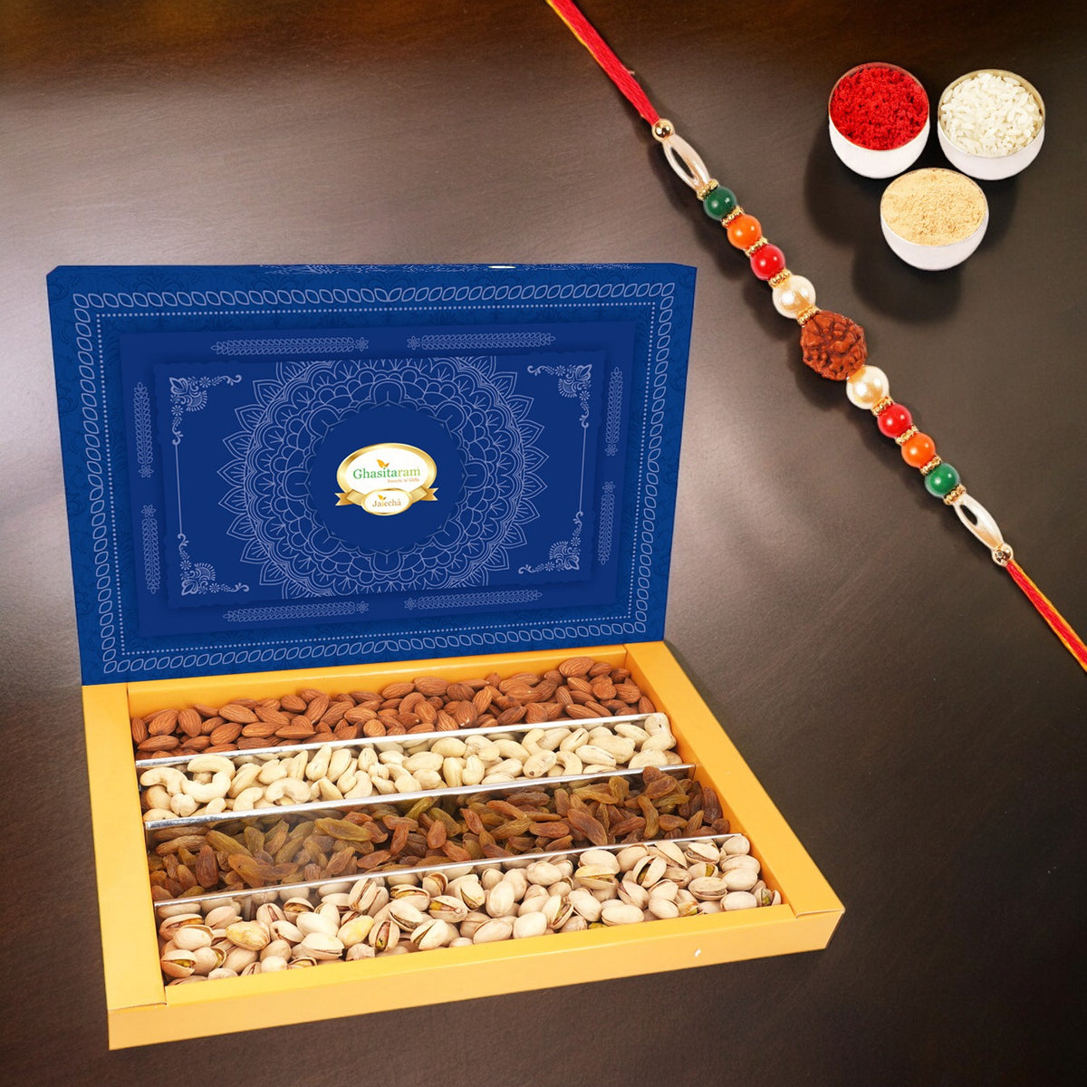 Rakhi Dyfruits- Ghasitaram's Dryfruit Box 200 gms with Rakhi