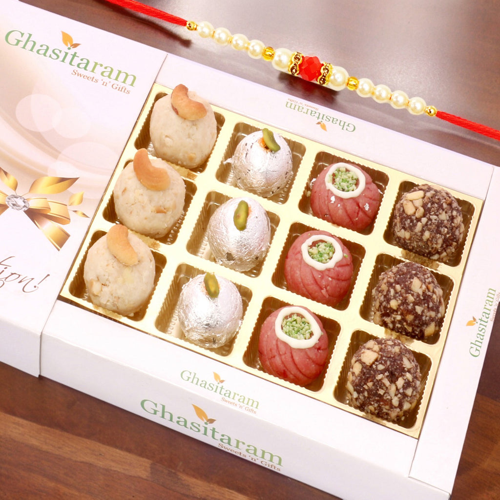 Assorted Dryfruit Sweets in White Box with Pearl Beads Rakhi