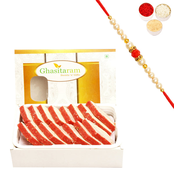 Rakhi Gifts Sweets-Ghasitarams Irish kaju Katli 200 gms with Beads Rakhi