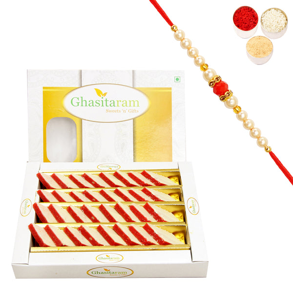 Rakhi Gifts Sweets-Ghasitarams Irish kaju Katli 400 gms with Beads Rakhi
