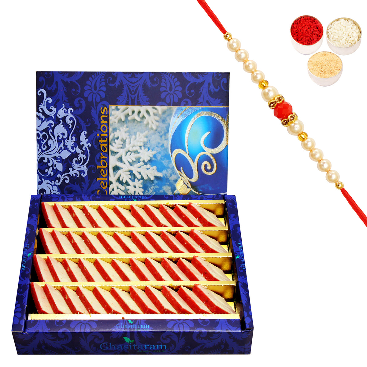 Rakhi Gifts Sweets-Ghasitarams Irish kaju Katli 800 gms with Beads Rakhi