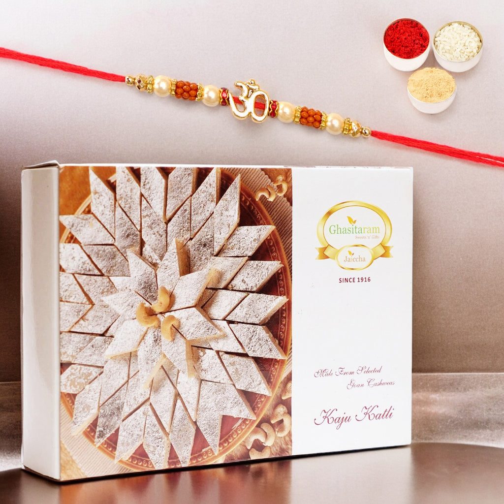 Rakhi Gifts Sweets-Ghasitarams Pure Kaju Katlis Box 200 gms with Om Rakhi